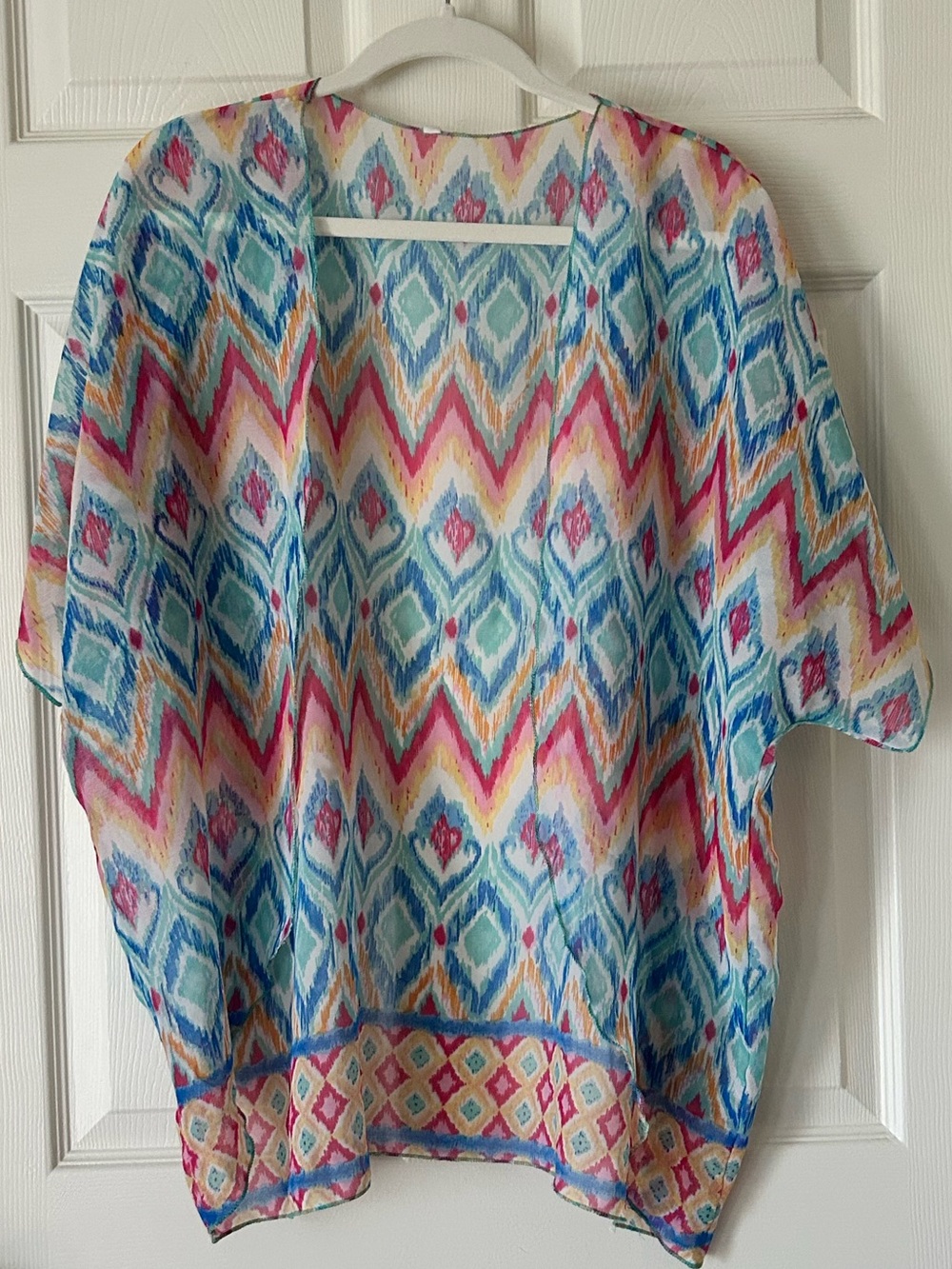 Blue Pink Chevron Ikat Open Front Kimono Cover Up - One Size